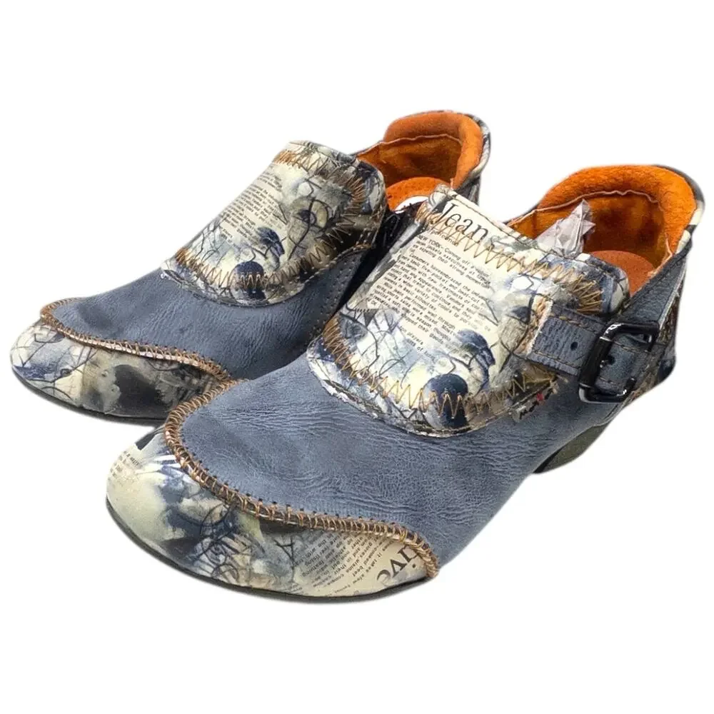 TMA Eyes Women's 6.5 Shooties Newsprint Patchwork  Distressed Heels